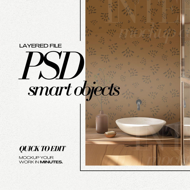 PSD Wallpaper Mockup Boho Bathroom Interior Wall Mural Mockups for Repeat Patterns