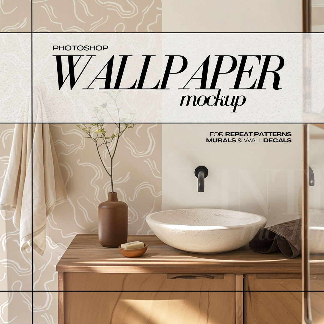 PSD Wallpaper Mockup Boho Bathroom Interior Wall Mural Mockups for Repeat Patterns